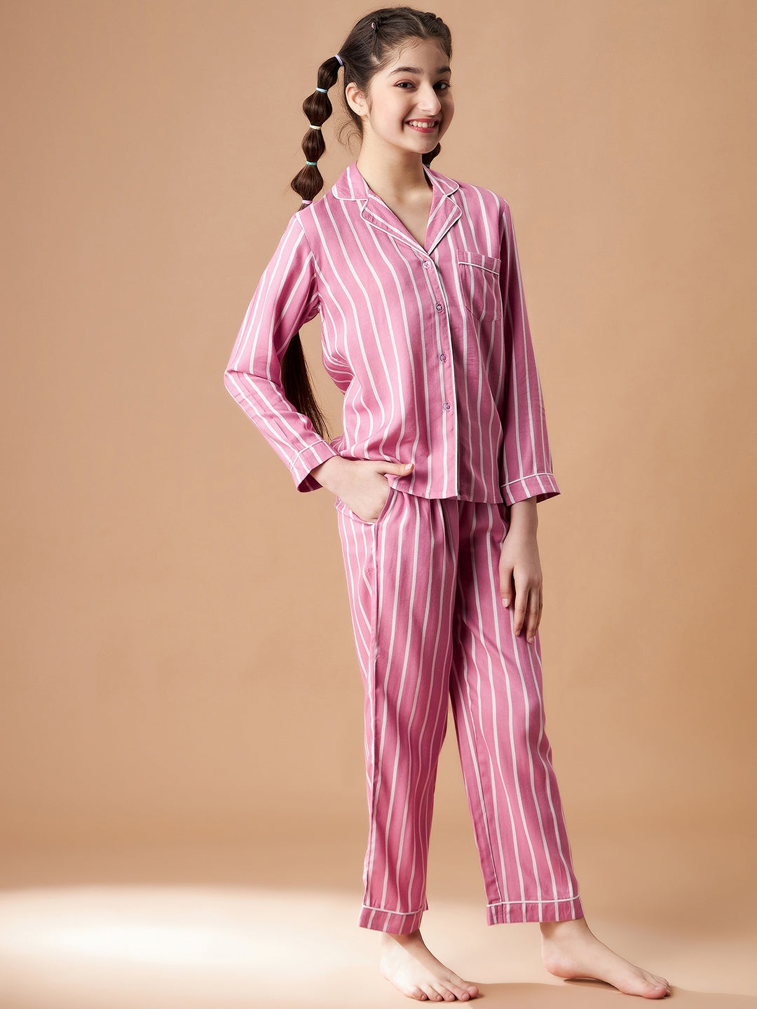 Girls Pink Striped Cotton Night Suit Set