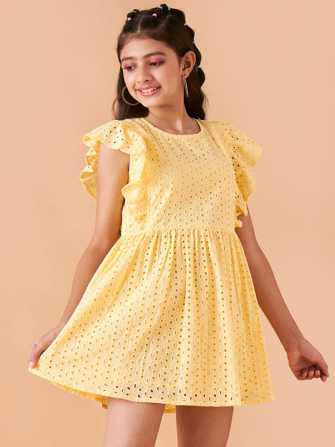 Girls Self Design Flutter Sleeve Cotton Fit & Flare Dress