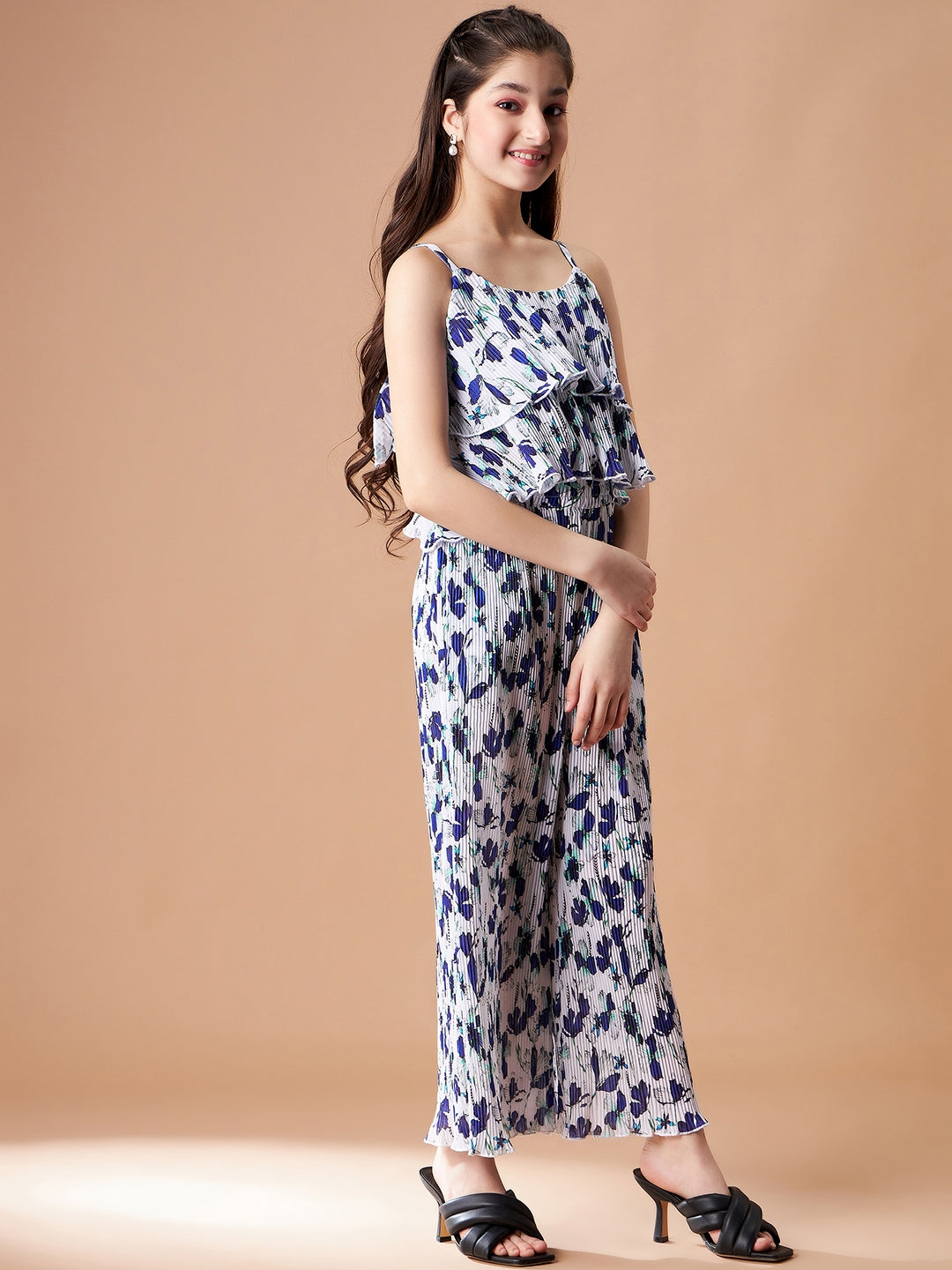 Girls Blue Floral Printed Top with Trousers