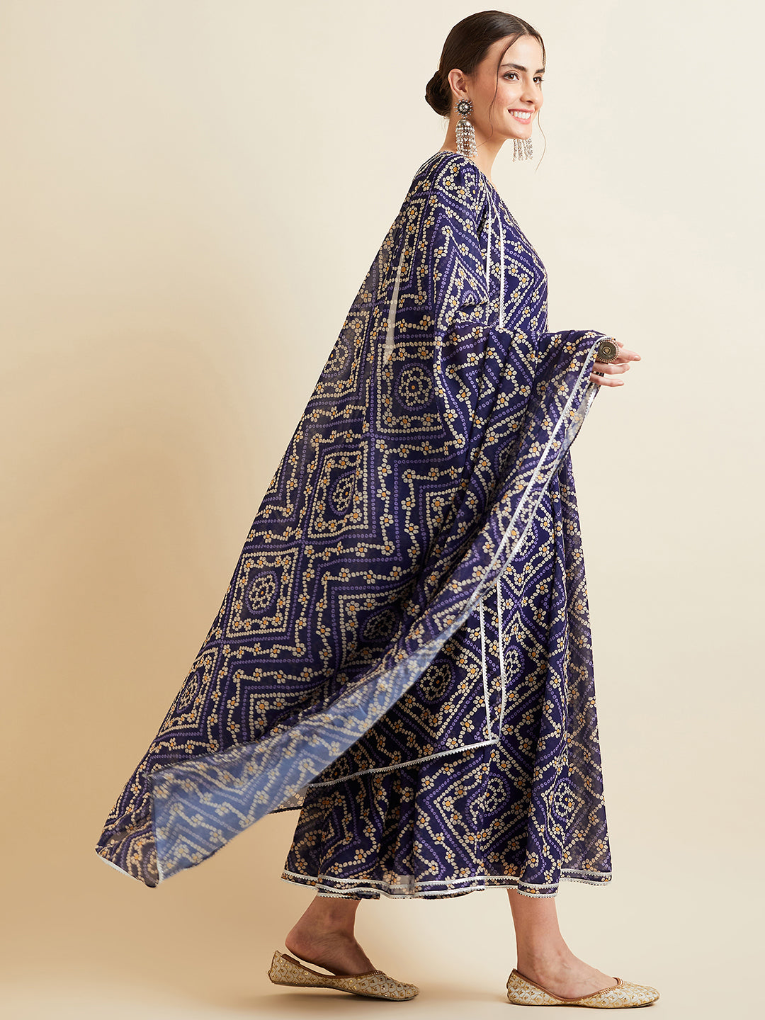 Bandhani Printed Georgette Angrakha Ethnic Dress With Dupatta