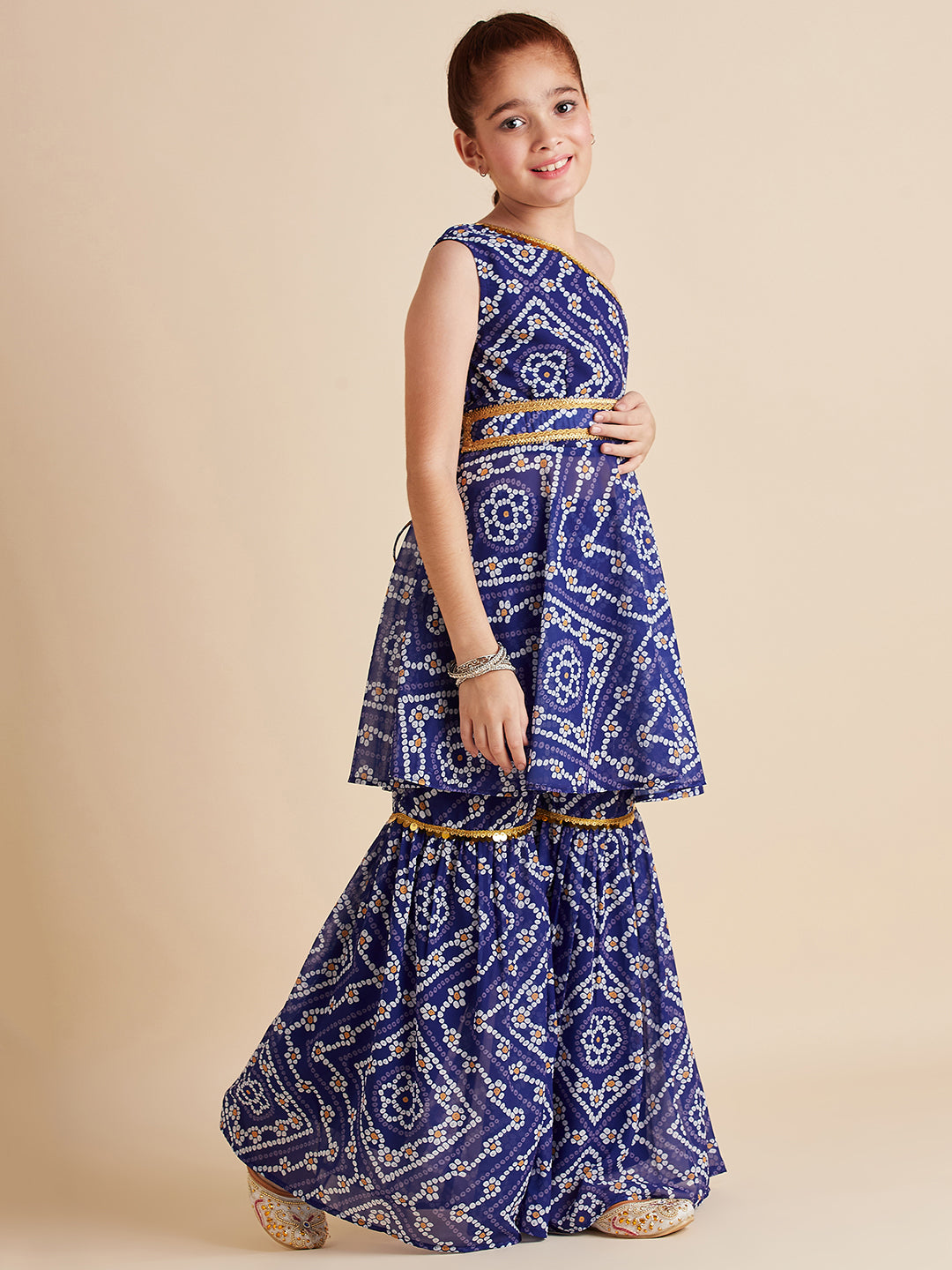 Girls Blue Bandhani Printed Empire Gotta Patti Kurta with Sharara