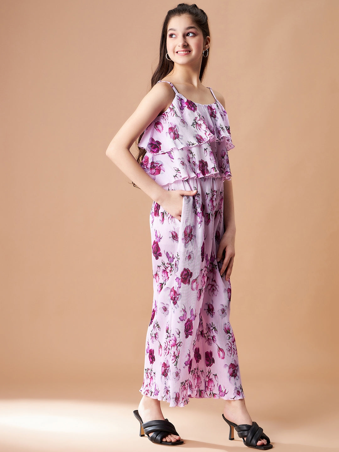 Girls Pink Floral Printed Top with Trousers