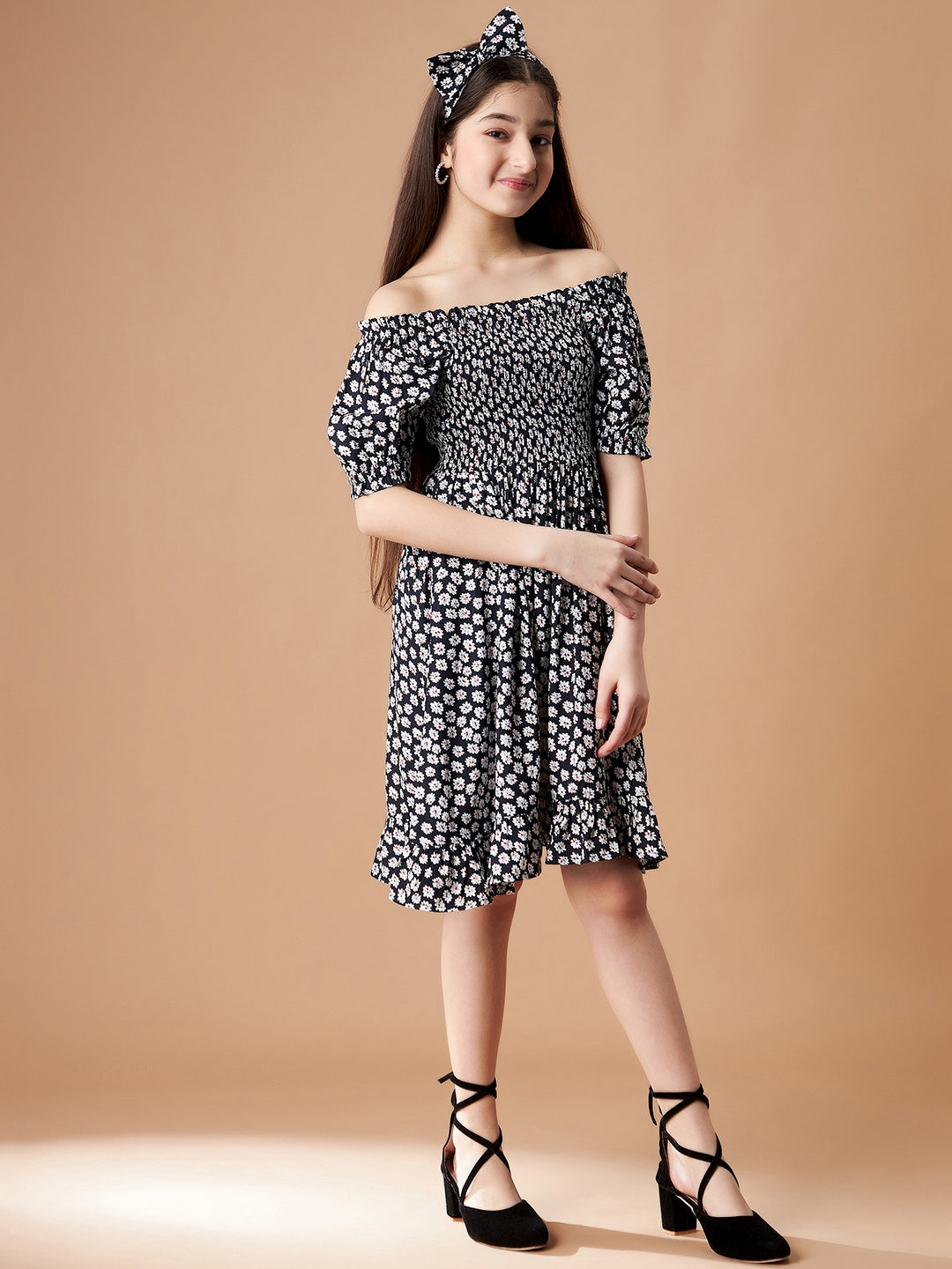 Black Floral Printed Smocking detail a Line Dress
