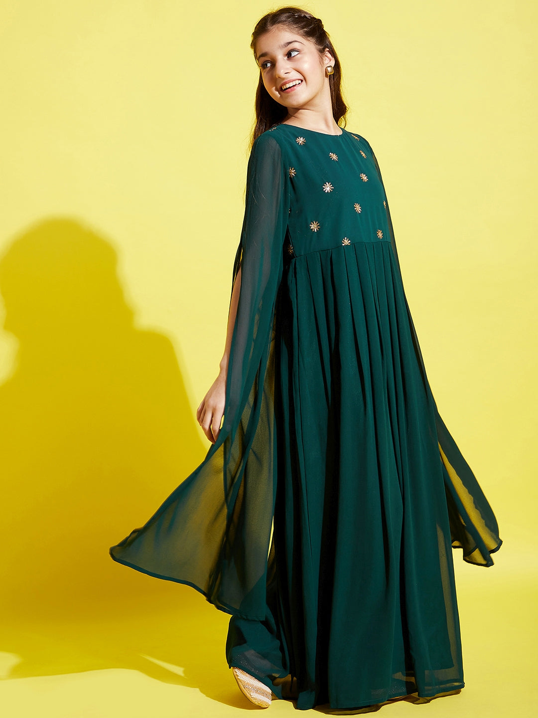 Girls Dark Green Georgette Maxi Dress