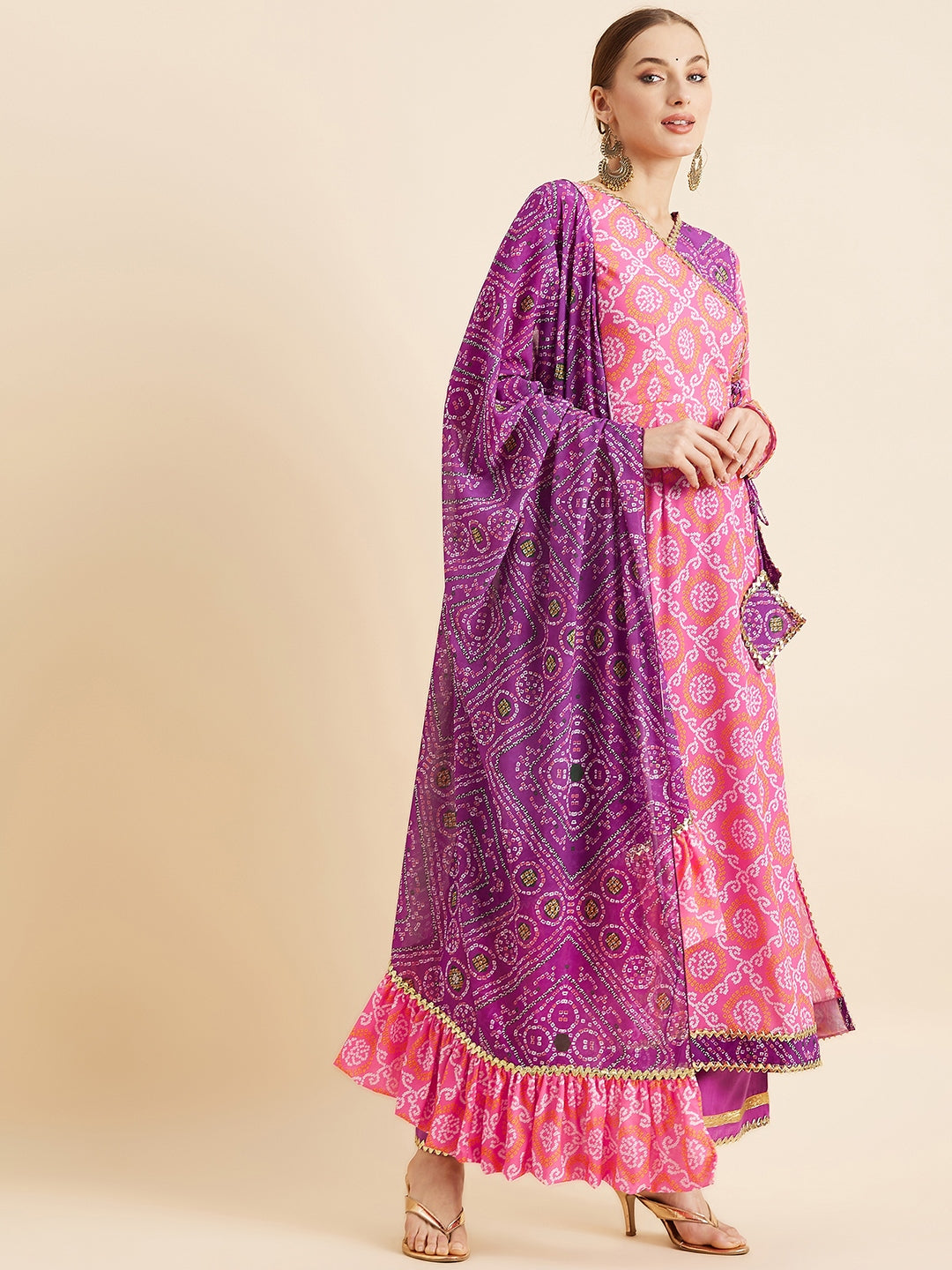 Bandhani Printed Angrakha Gotta Patti Kurta With Trousers Dupatta