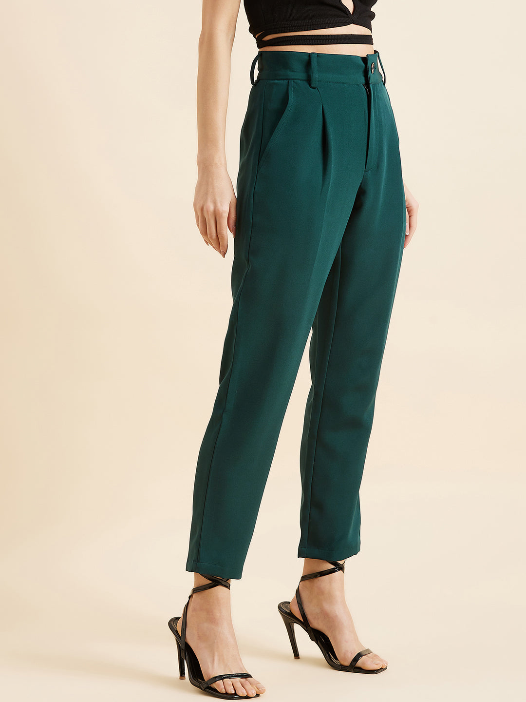 Green Relaxed Straight Fit High-Rise Pleated Formal Trousers
