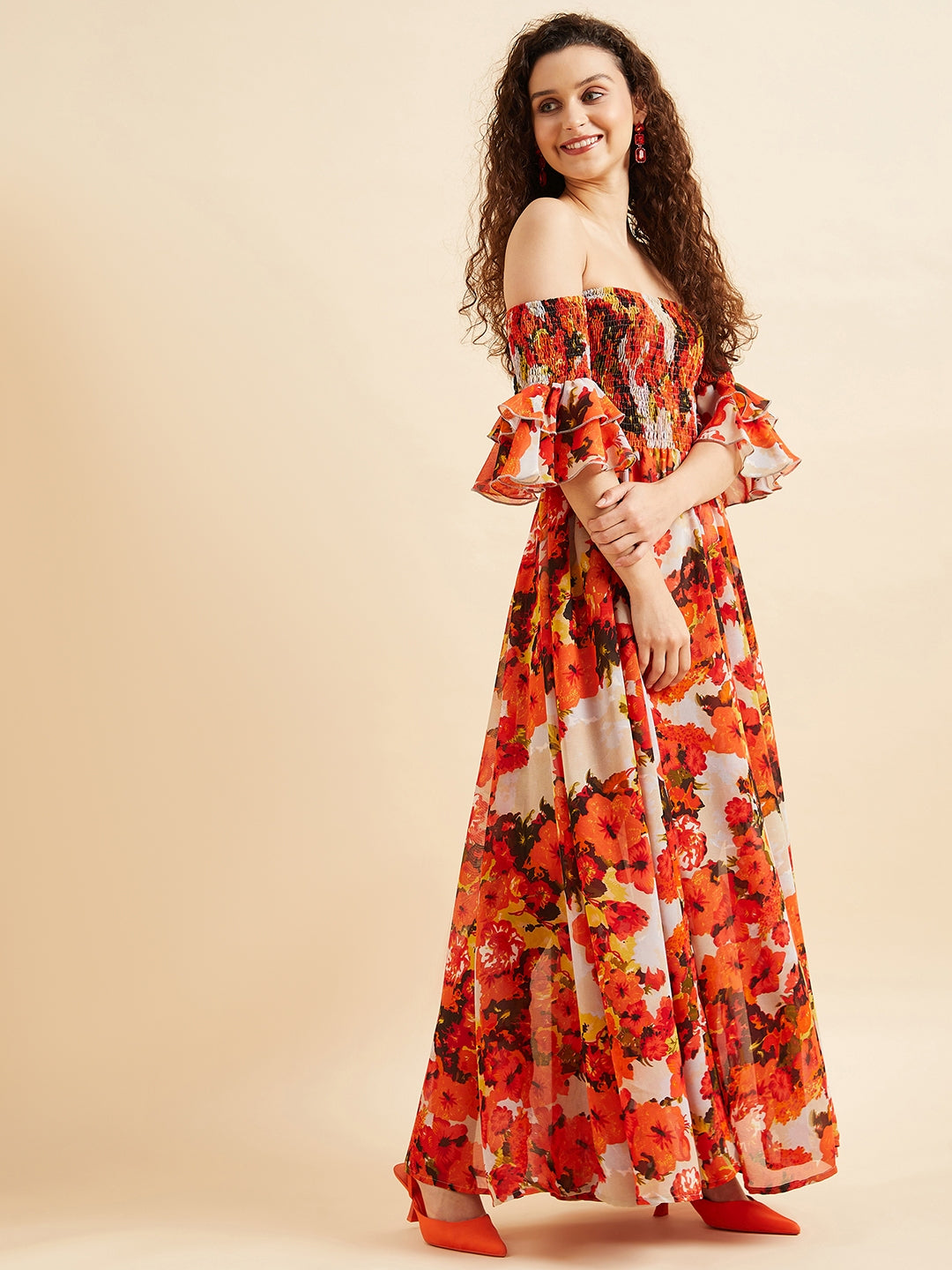Floral Off-Shoulder Smocked Georgette Maxi Dress