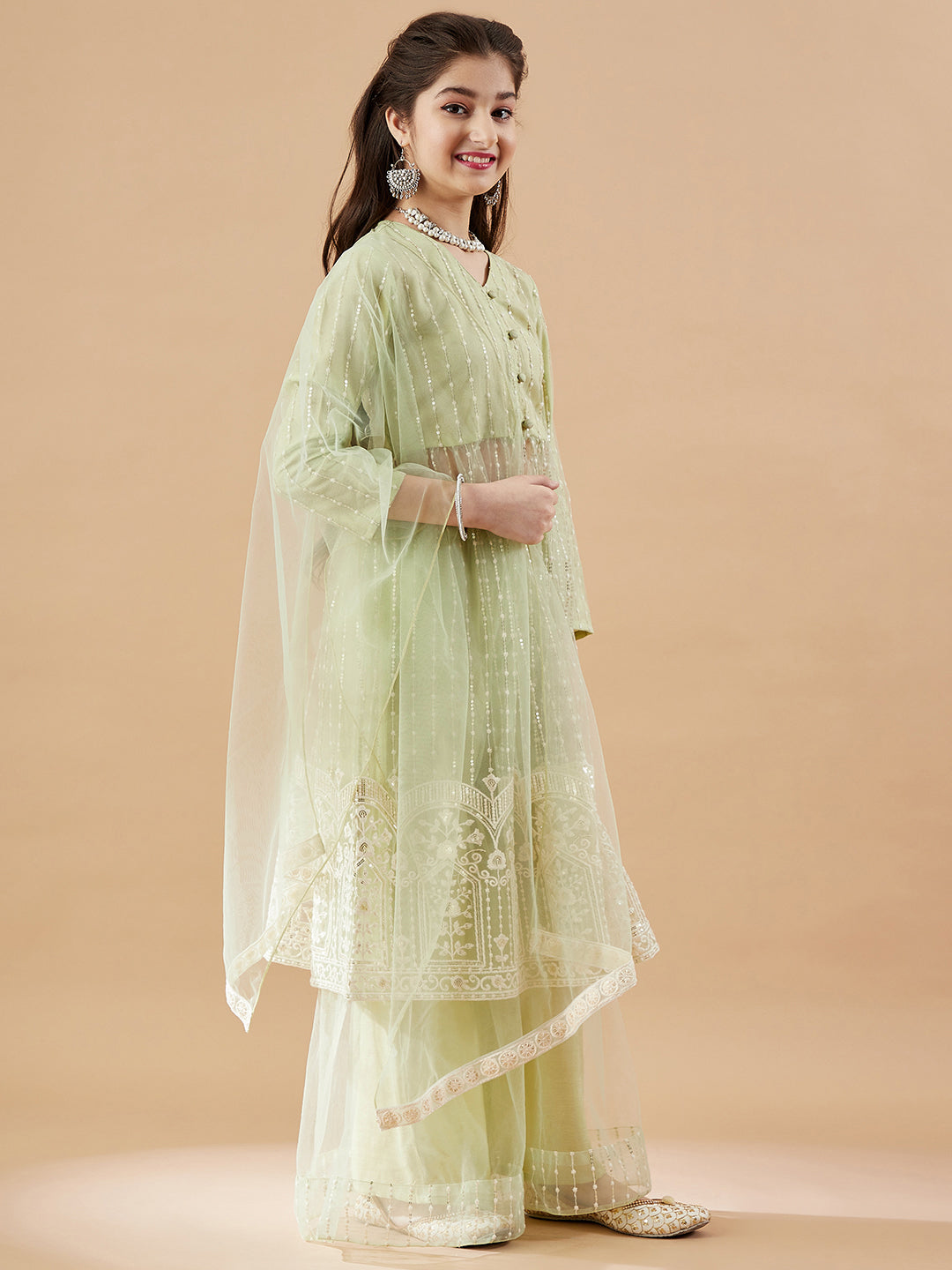 Girls Embroidered Net Empire Kurta with Sharara & With Dupatta
