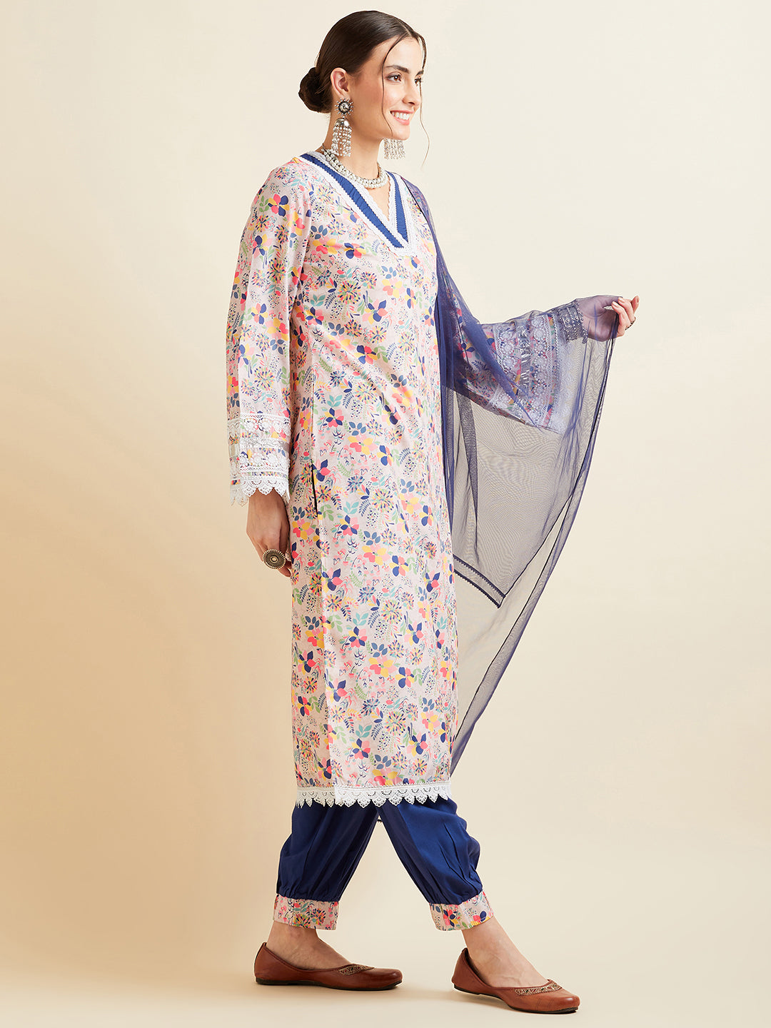Floral Printed High Slit Patchwork Kurta with Salwar & With Dupatta