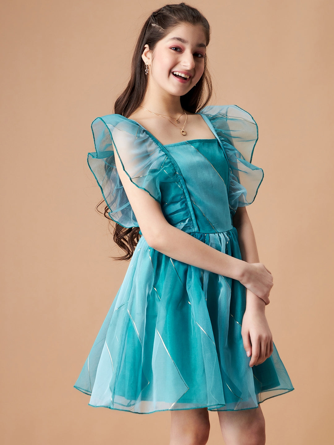 Girls Striped Flutter Sleeves Ruffled Organza Fit & Flare Dress