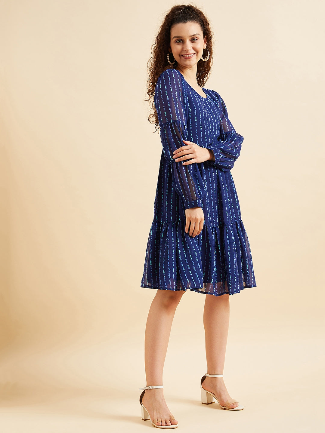 Puffed Sleeves Geometric Printed Tiered Fit & Flare Georgette Dres