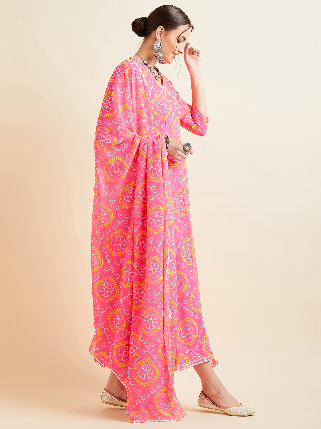 Pink Printed Georgette Angrakha Ethnic Dress With Dupatta