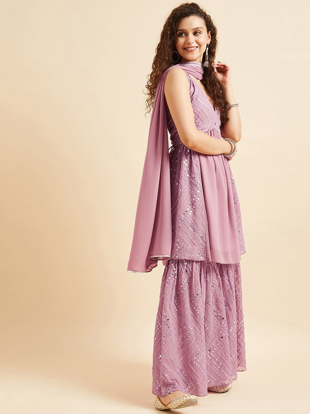 Pink Embellished Mirror Work Kurta With Sharara & Dupatta