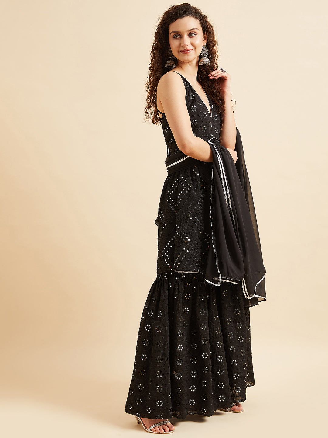 Black Embellished Mirror Work Kurta With Sharara & Dupatta