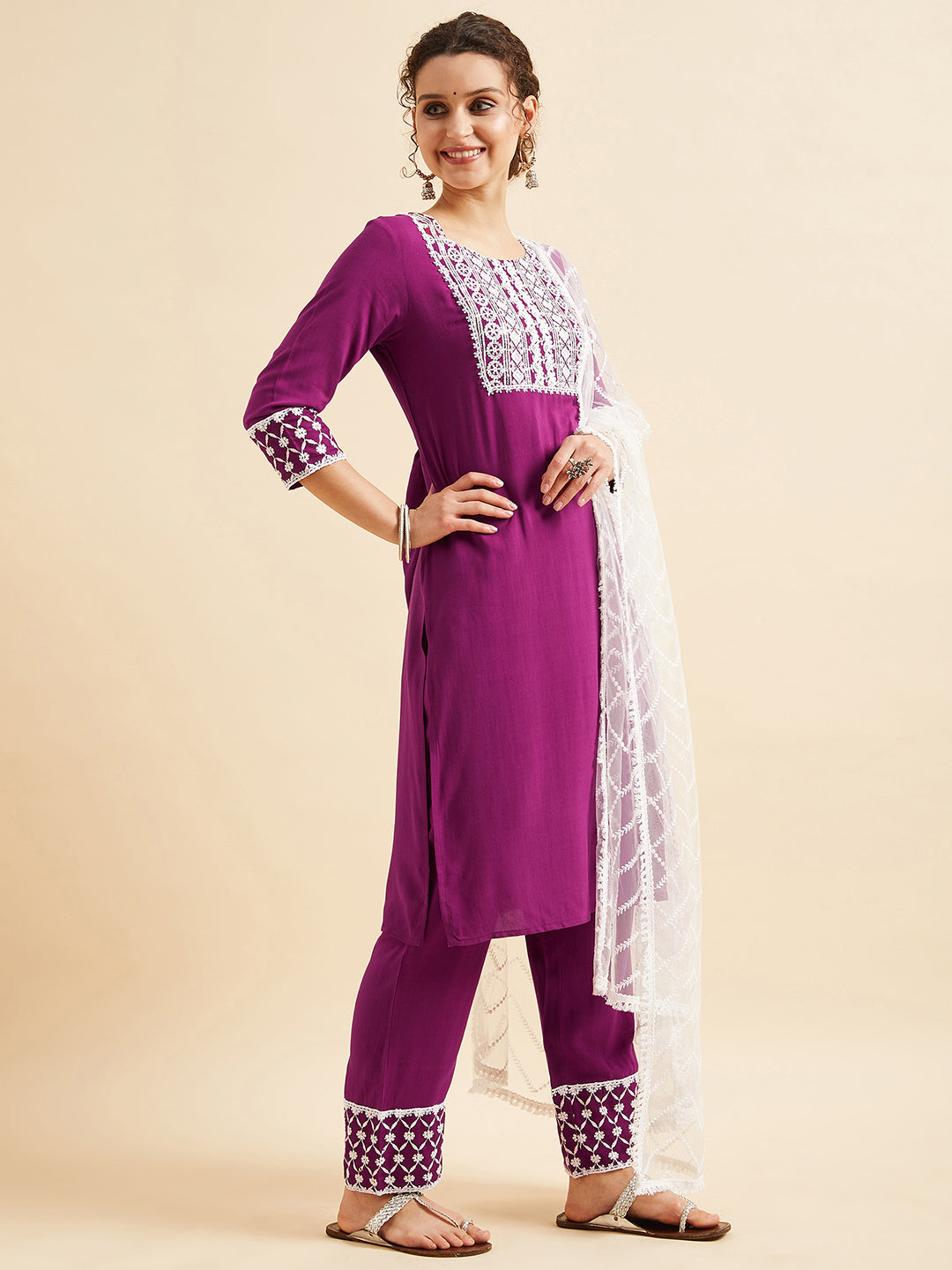 Purple Ethnic Motifs Embroidered Thread Work Regular Kurta with Trousers & Dupatta