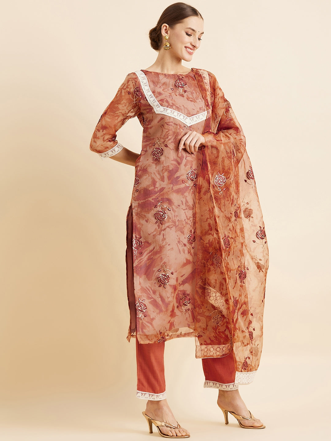 Floral Embroidered Kurta With Trousers & Dupatta