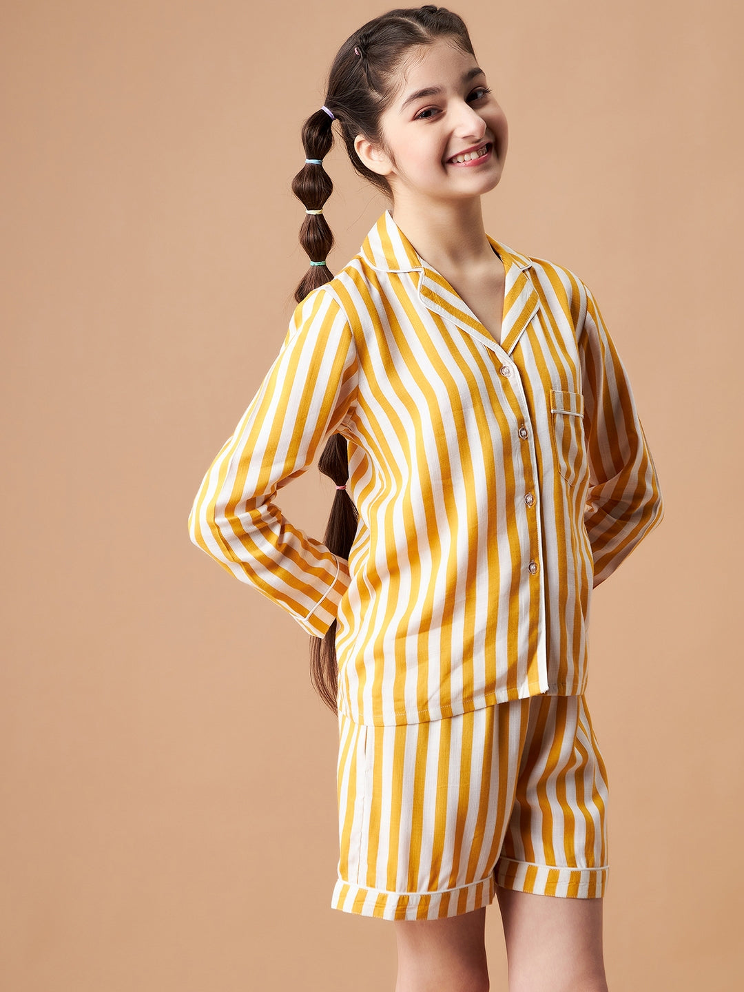 Girls Yellow Striped Shorts Night Suit Sets