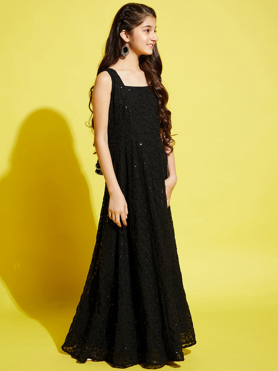 Black Floral Embroidered Ethnic Maxi Dress