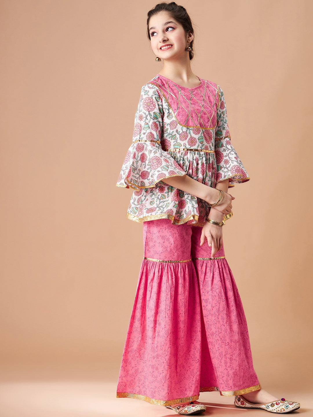 Girls Floral Printed Empire Gotta Patti Pure Cotton Kurti with Sharara