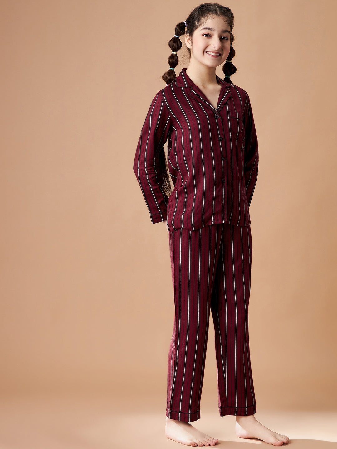 Girls Maroon Striped Cotton Night Suit Set