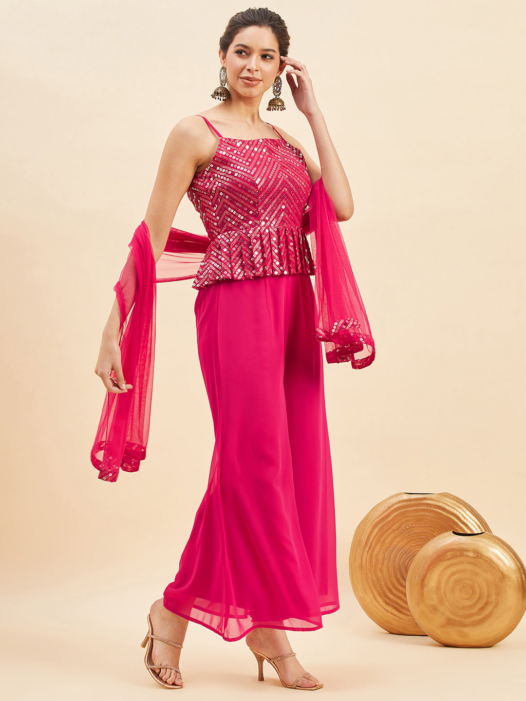 Magenta Pleated Sequinned Top with Sharara With Dupatta