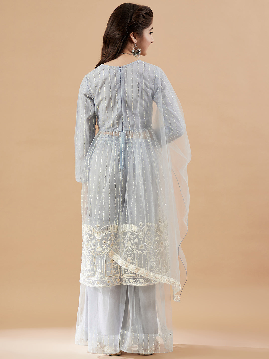 Girls Striped Embroidered Mesh Empire Sequinned Kurta & Sharara & Dupatta