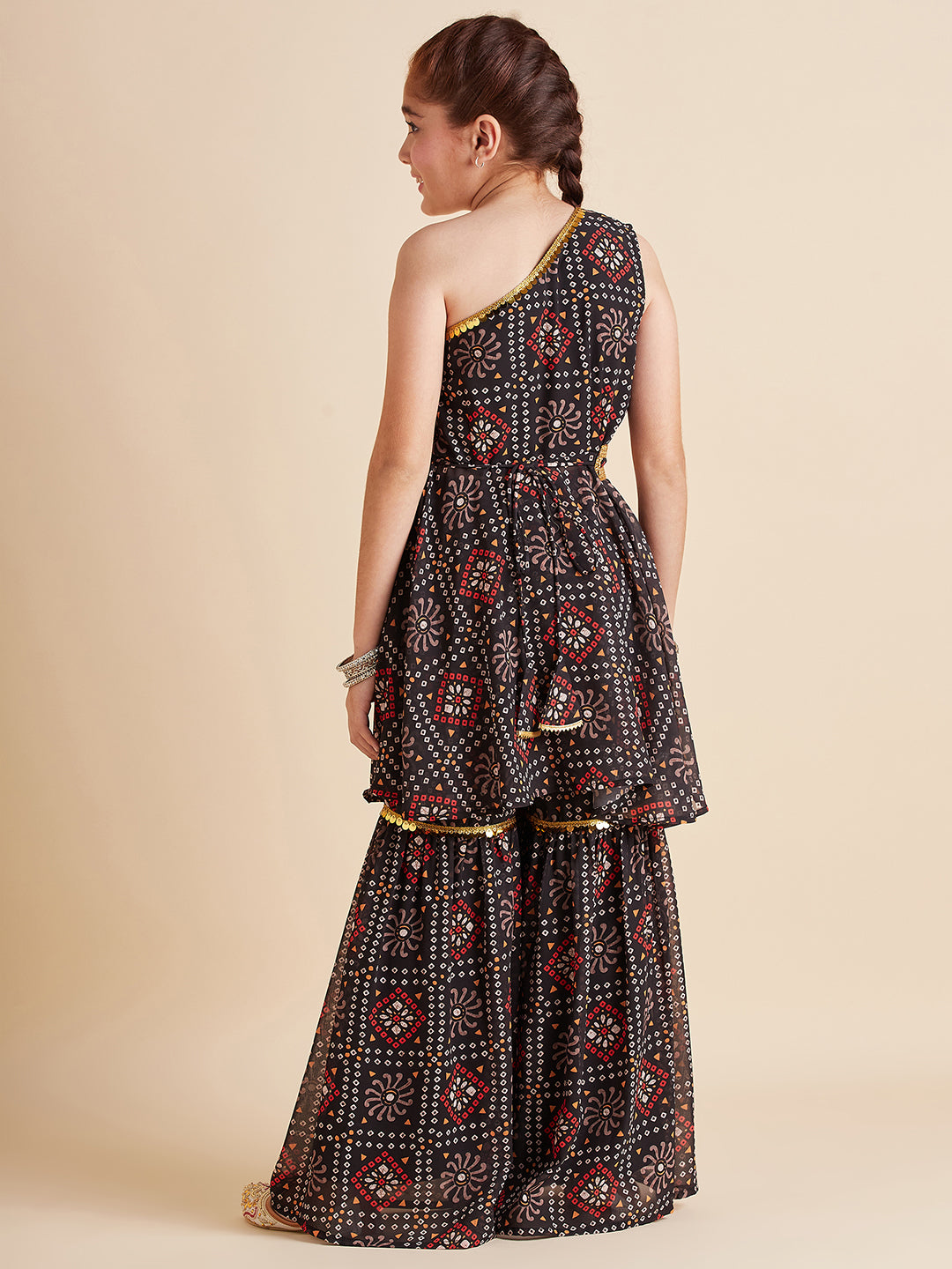 Girls Bandhani Printed Empire Gotta Patti Kurta with Sharara