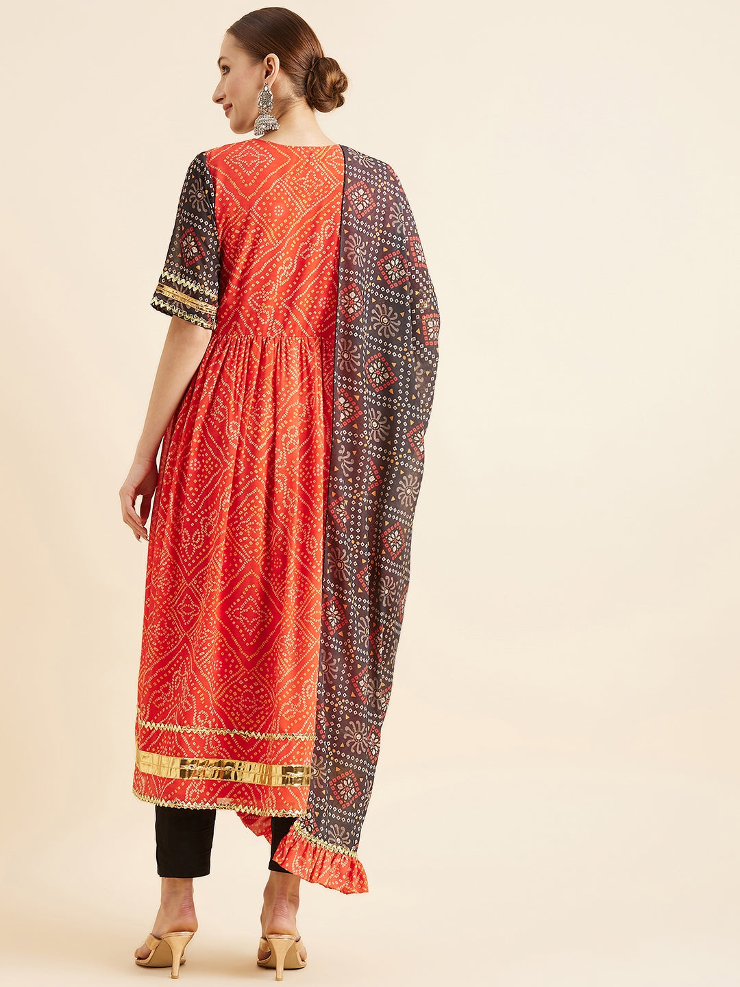 Bandhani Printed Angrakha Gotta Patti Kurta With Trousers & Dupatta