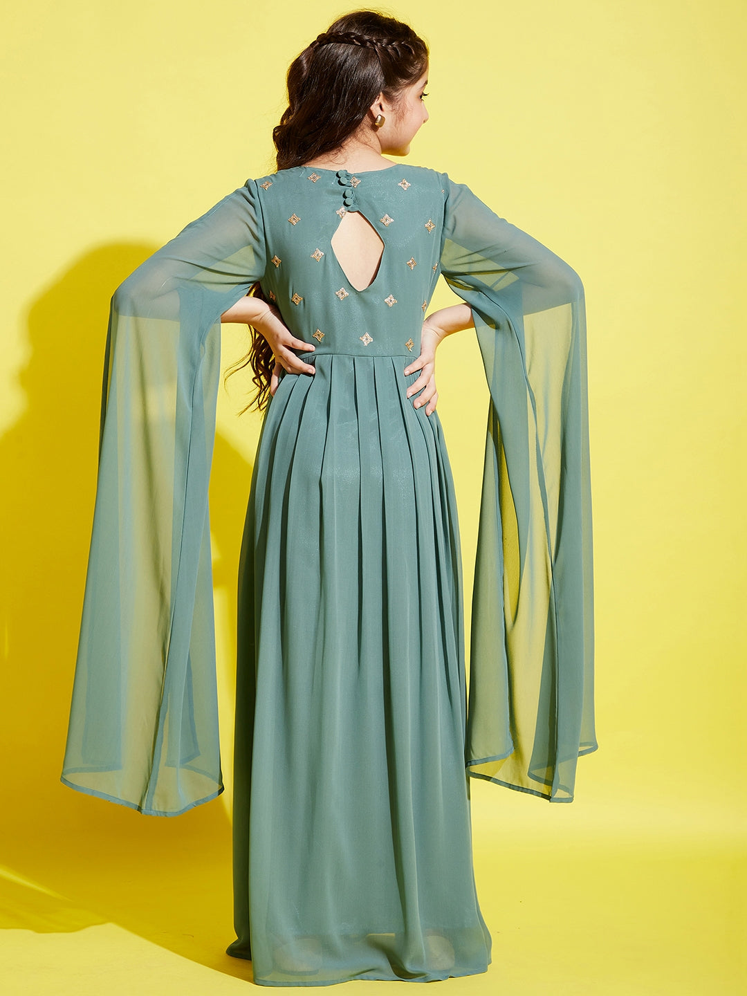 Girls Sea Green Georgette Maxi Dress