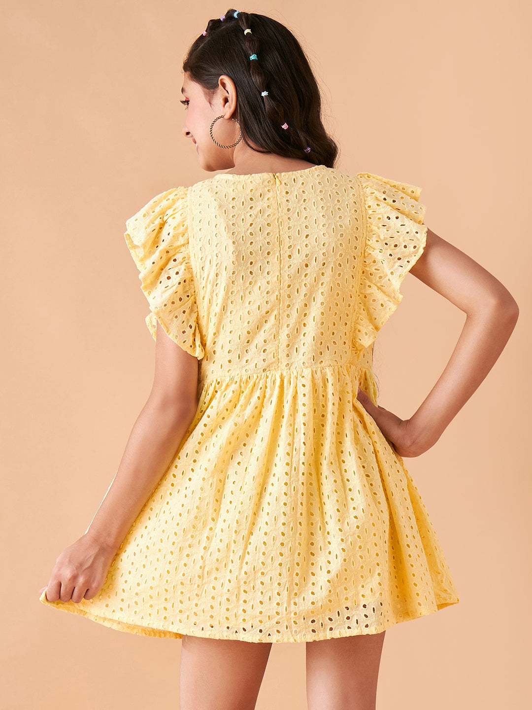 Girls Self Design Flutter Sleeve Cotton Fit & Flare Dress
