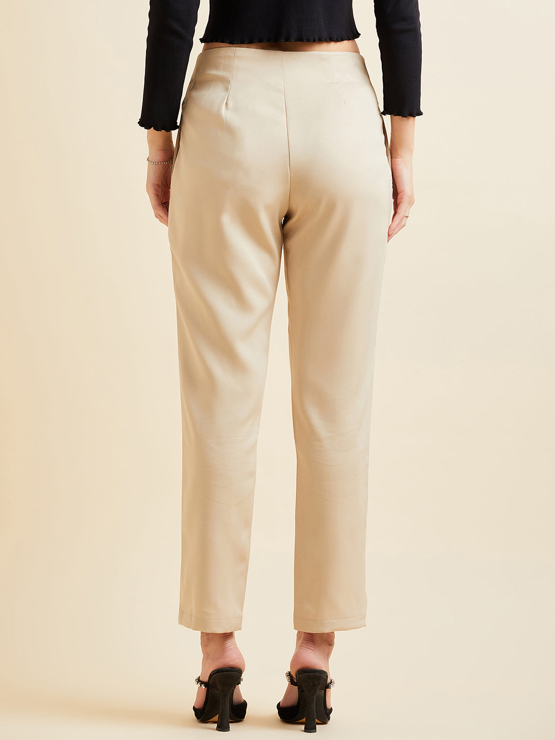 Beige Smart High-Rise Pleated Peg Trousers