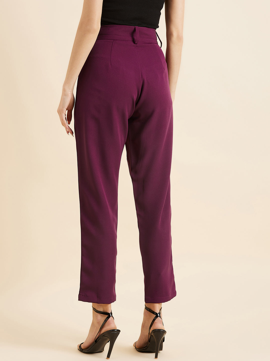 Burgundy Relaxed Straight Fit High-Rise Pleated Formal Trousers