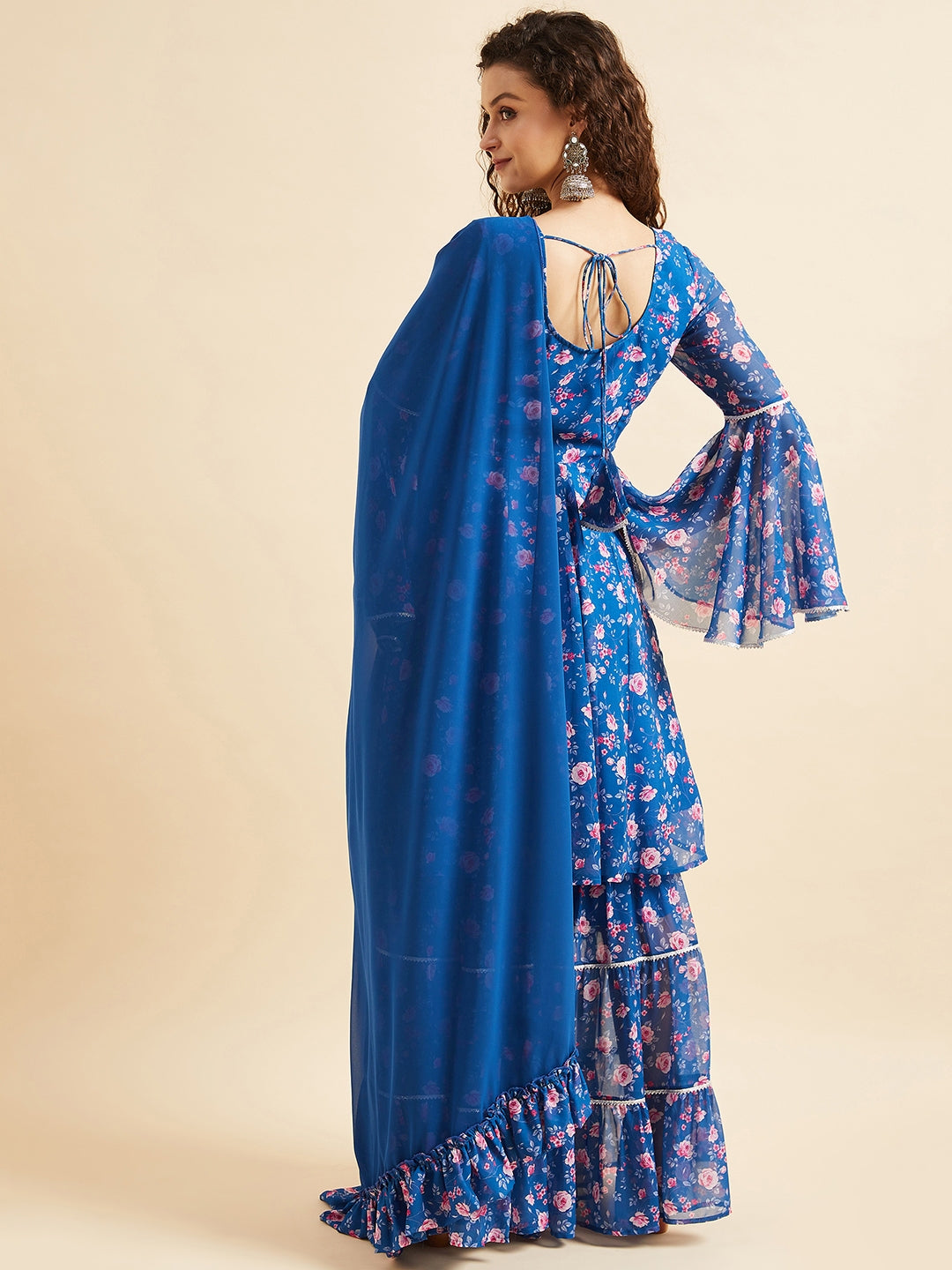 Blue & Pink Floral Printed Gotta Patti Kurta with Sharara & Dupatta