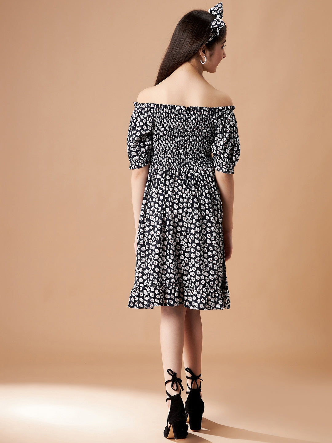 Black Floral Printed Smocking detail a Line Dress