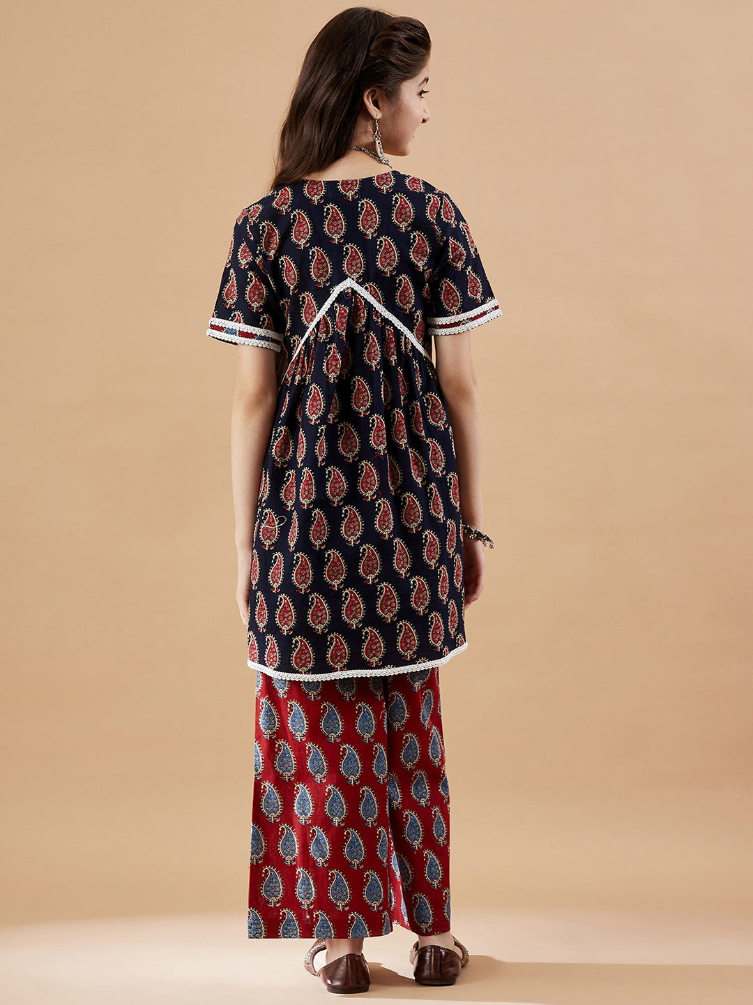 Girls Paisley Printed Pleated Kurta with Trousers