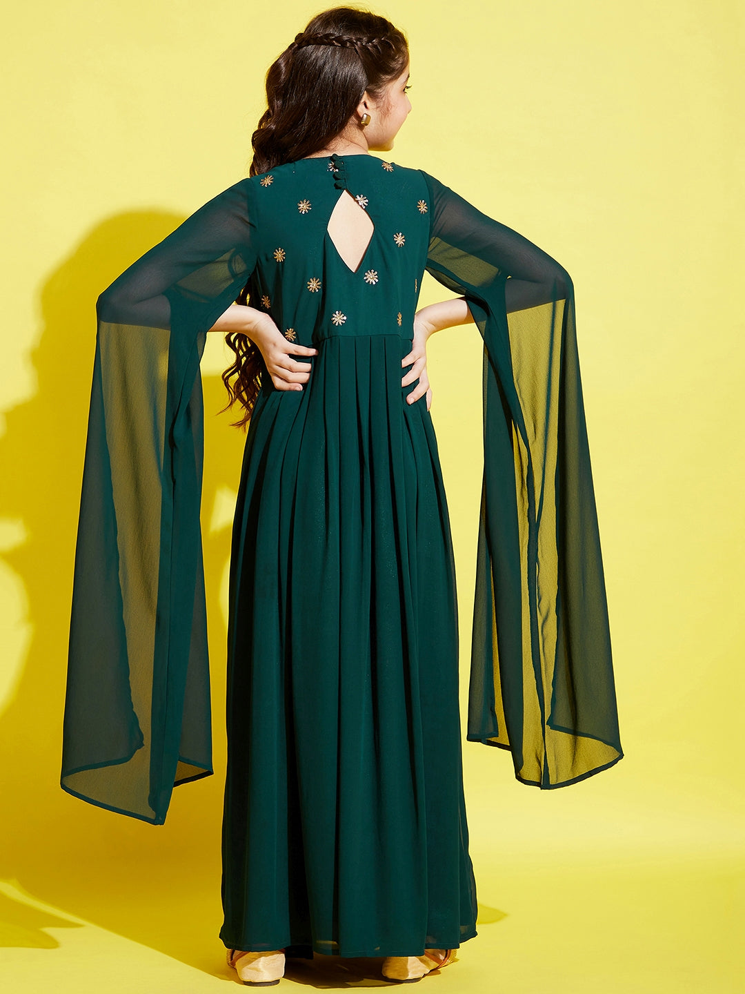 Girls Dark Green Georgette Maxi Dress