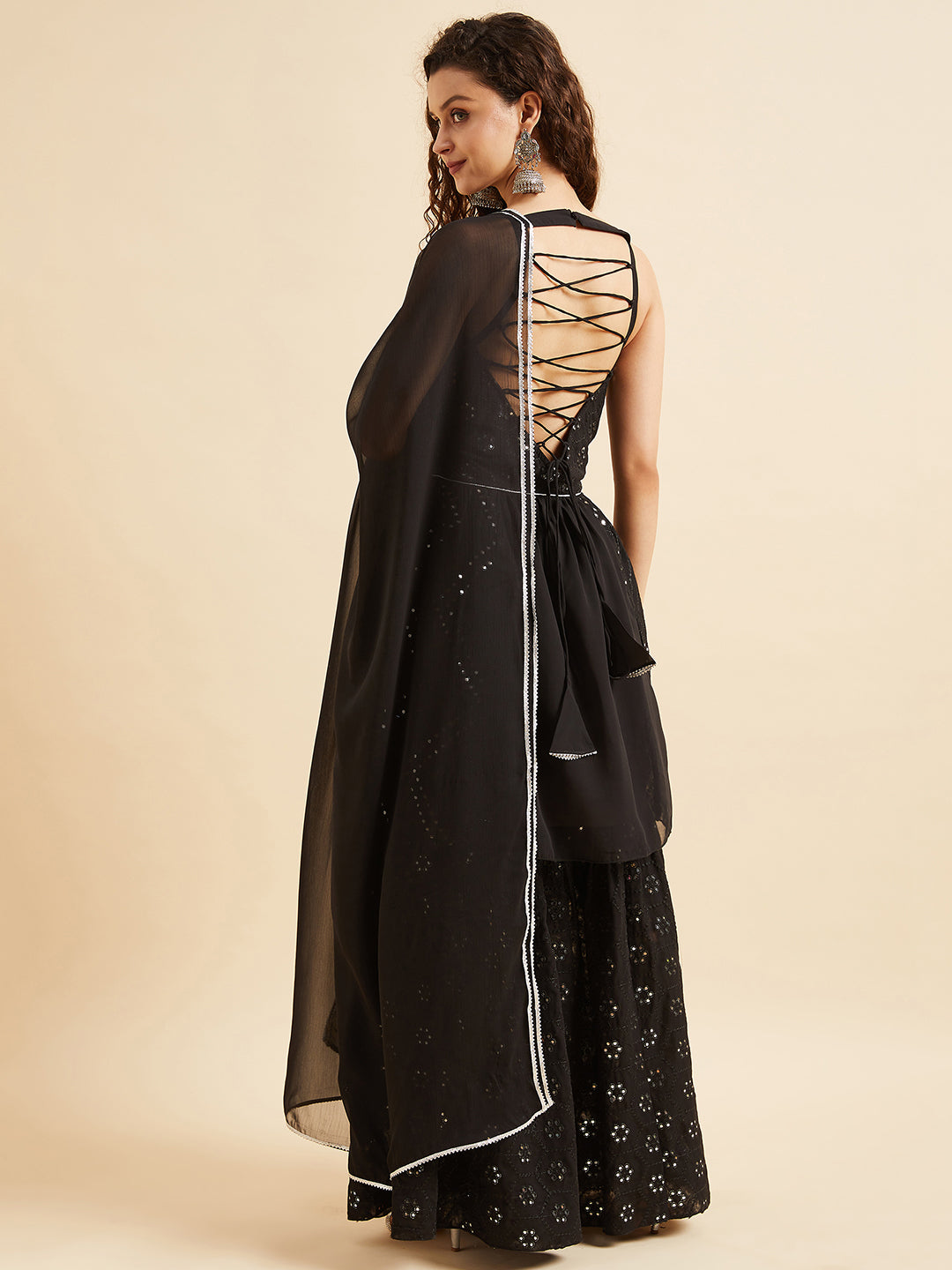Black Embellished Mirror Work Kurta With Sharara & Dupatta