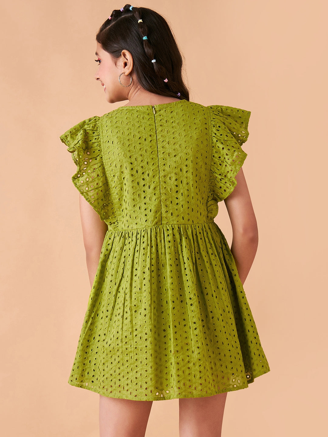Girls Self Design Flutter Sleeve Cotton Fit & Flare Dress