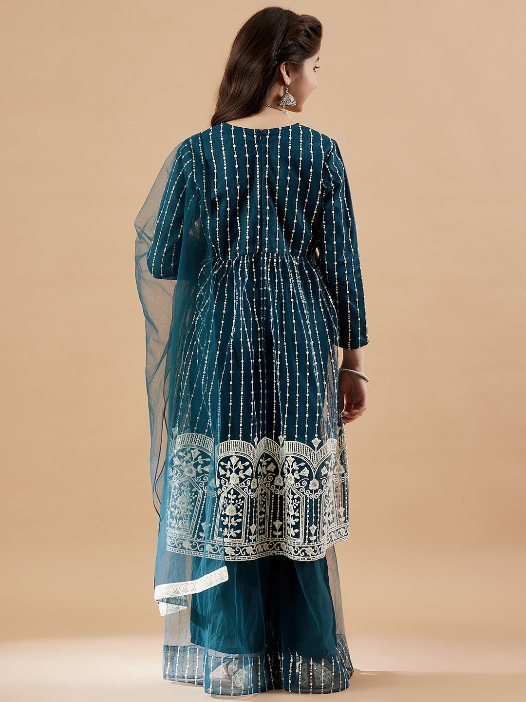 Girls Striped Embroidered Mesh Empire Sequinned Kurta & Sharara & Dupatta