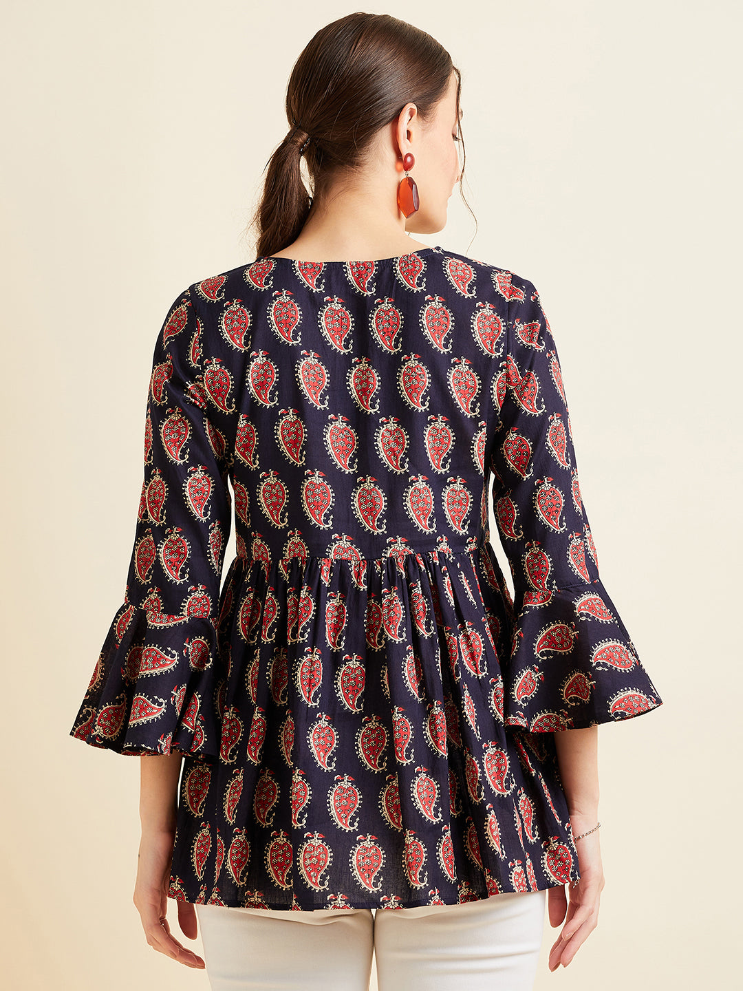 Paisley Printed Bell Sleeves Pleated A-Line Kurti