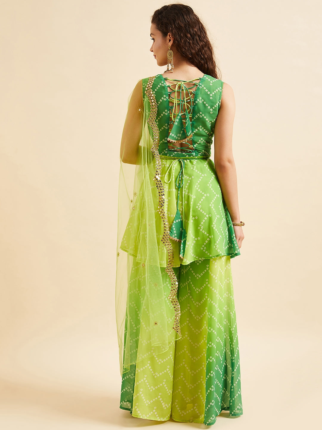 PANIT Green Bandhani Printed Zardozi Kurta with Sharara & With Dupatta