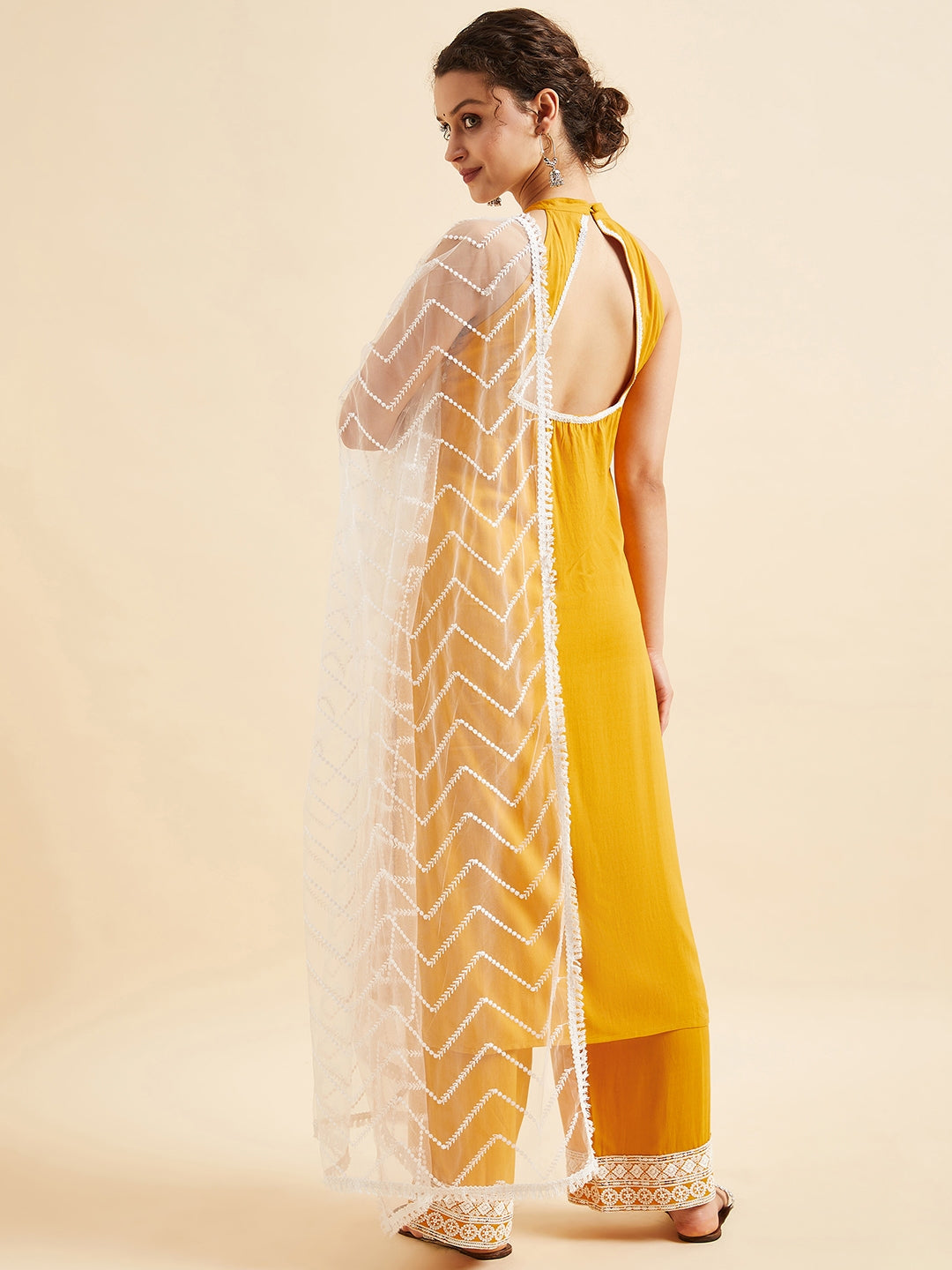 Yellow Ethnic Motifs Embroidered Thread Work Regular Kurta with Palazzos & Dupatta