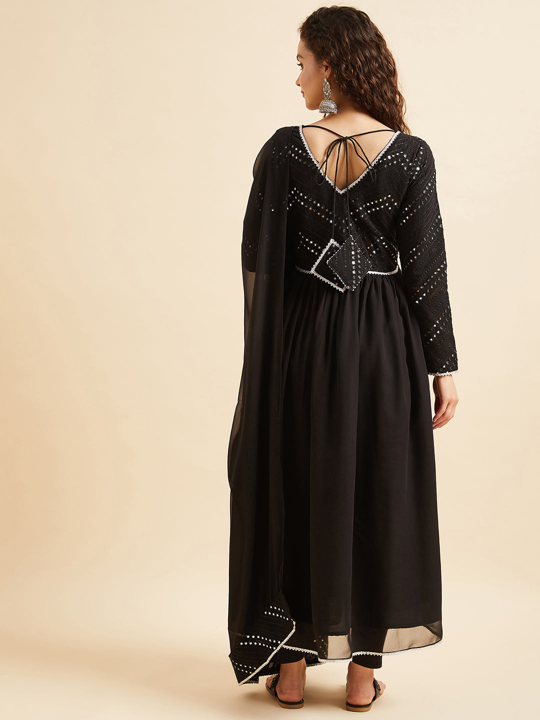 Black Mirror Work Anarkali Kurta & Trouser With Dupatta