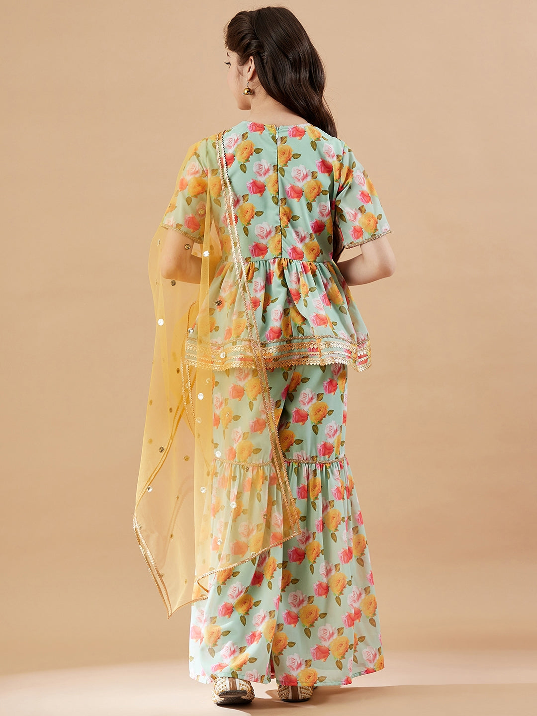 Girls Floral Printed Empire Gotta Patti Kurti with Sharara & With Dupatta