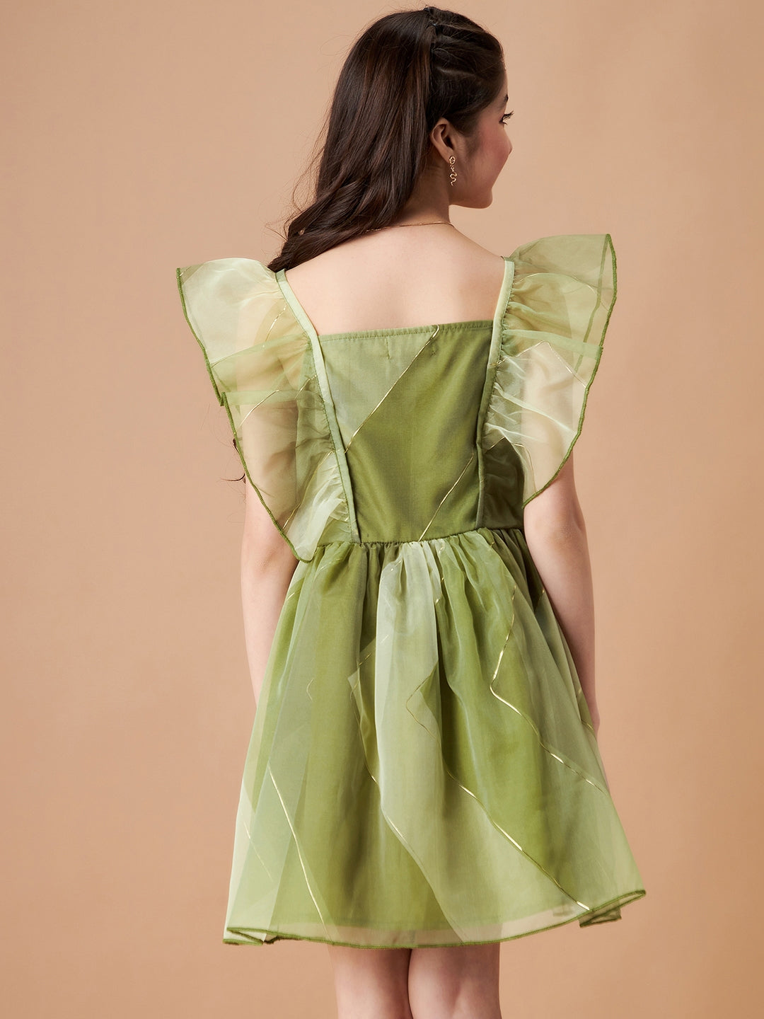 Girls Flutter Sleeve Ruffled Fit & Flare Dress