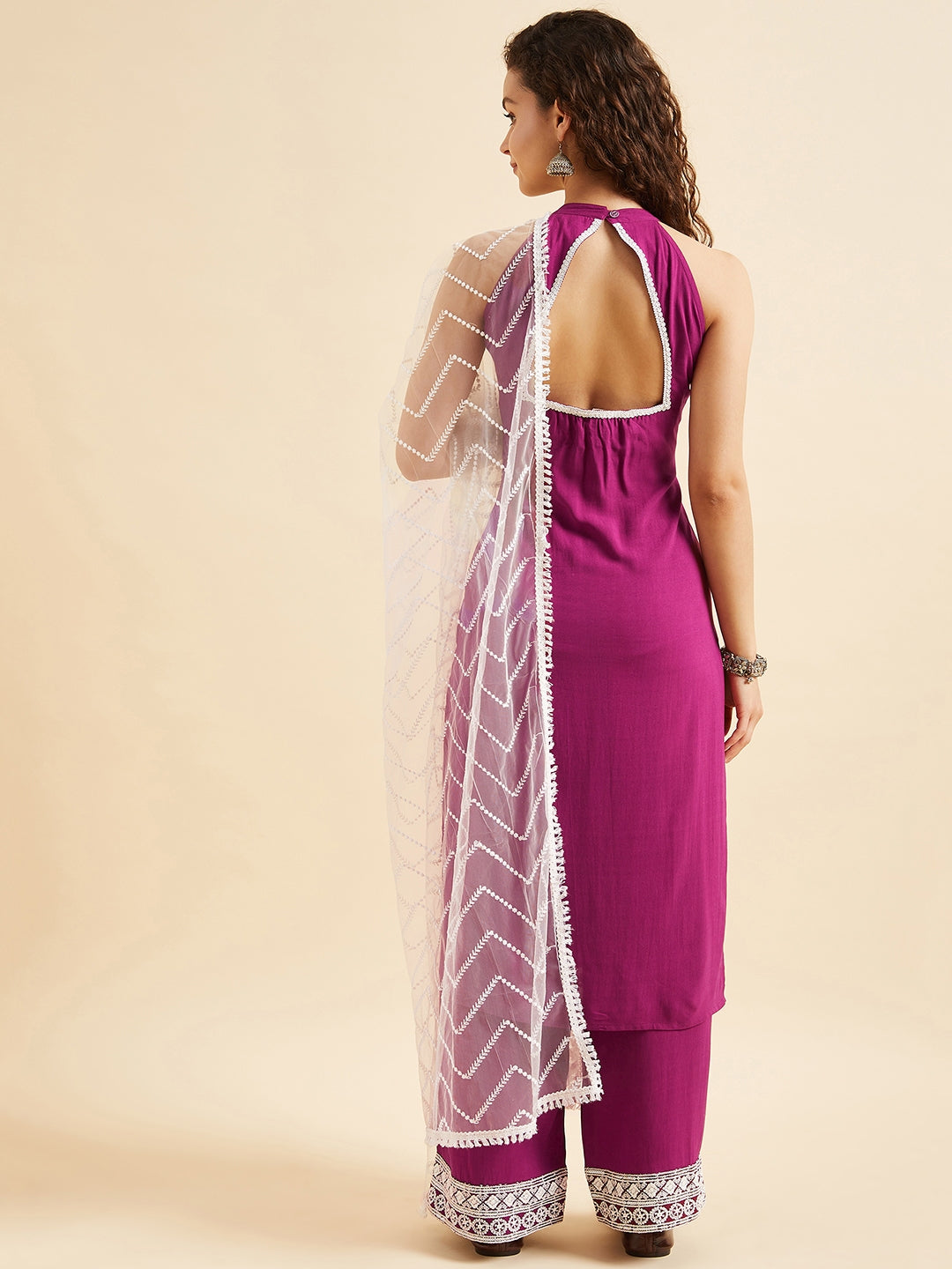 Purple Ethnic Motifs Embroidered Thread Work Regular Kurta with Palazzos & Dupatta