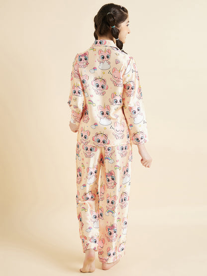 Girls Graphic Printed Long Sleeves Satin Night suit