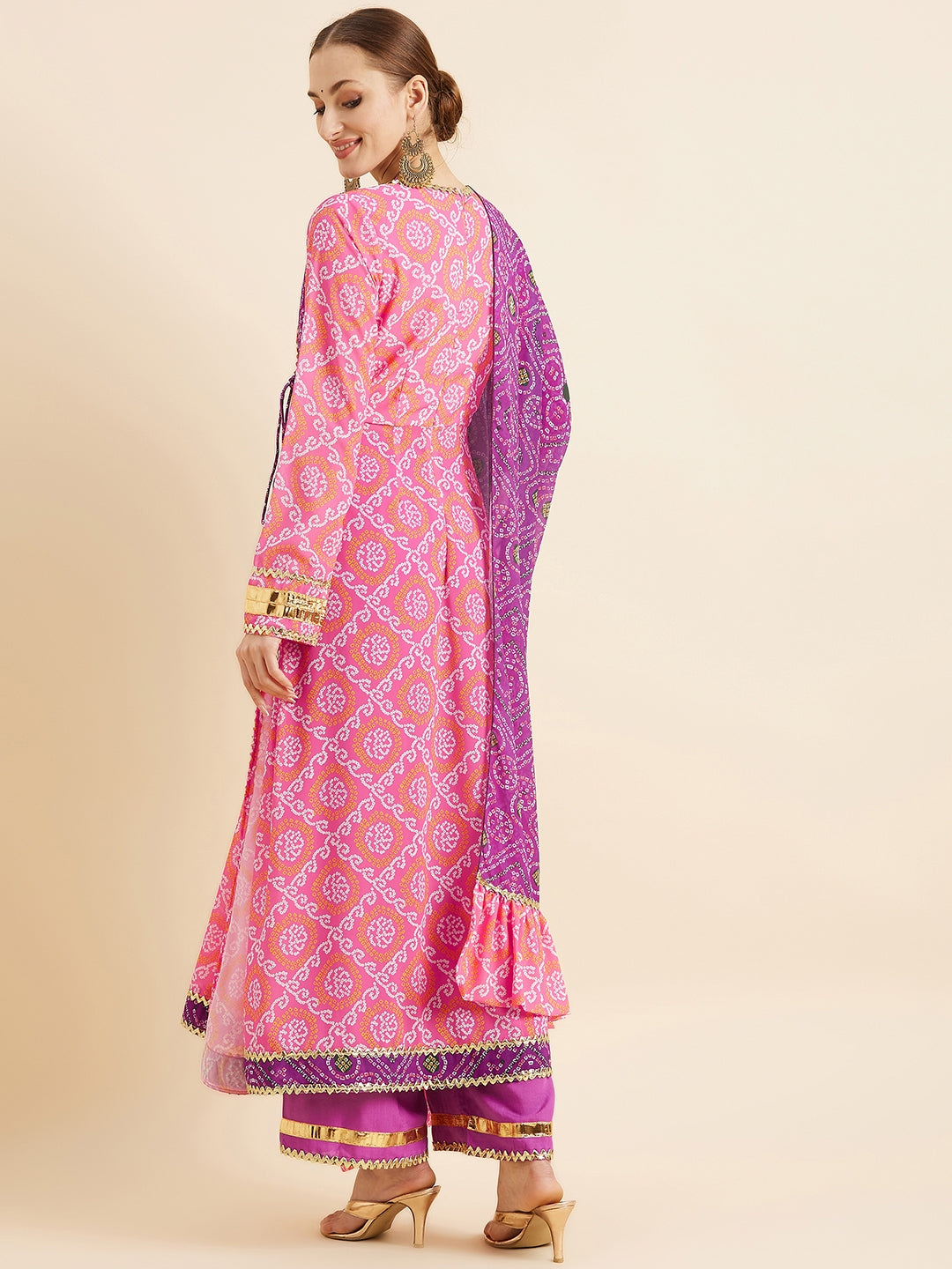 Bandhani Printed Angrakha Gotta Patti Kurta With Trousers Dupatta
