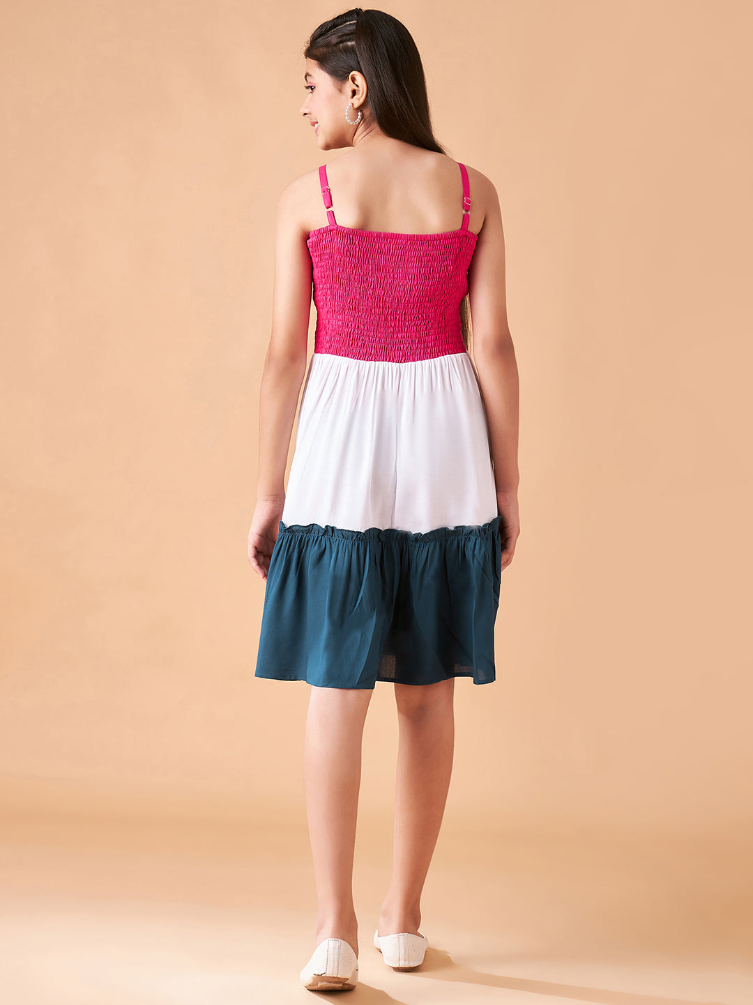 Girls Colourblocked Smocked Detailed Fit & Flare Dress