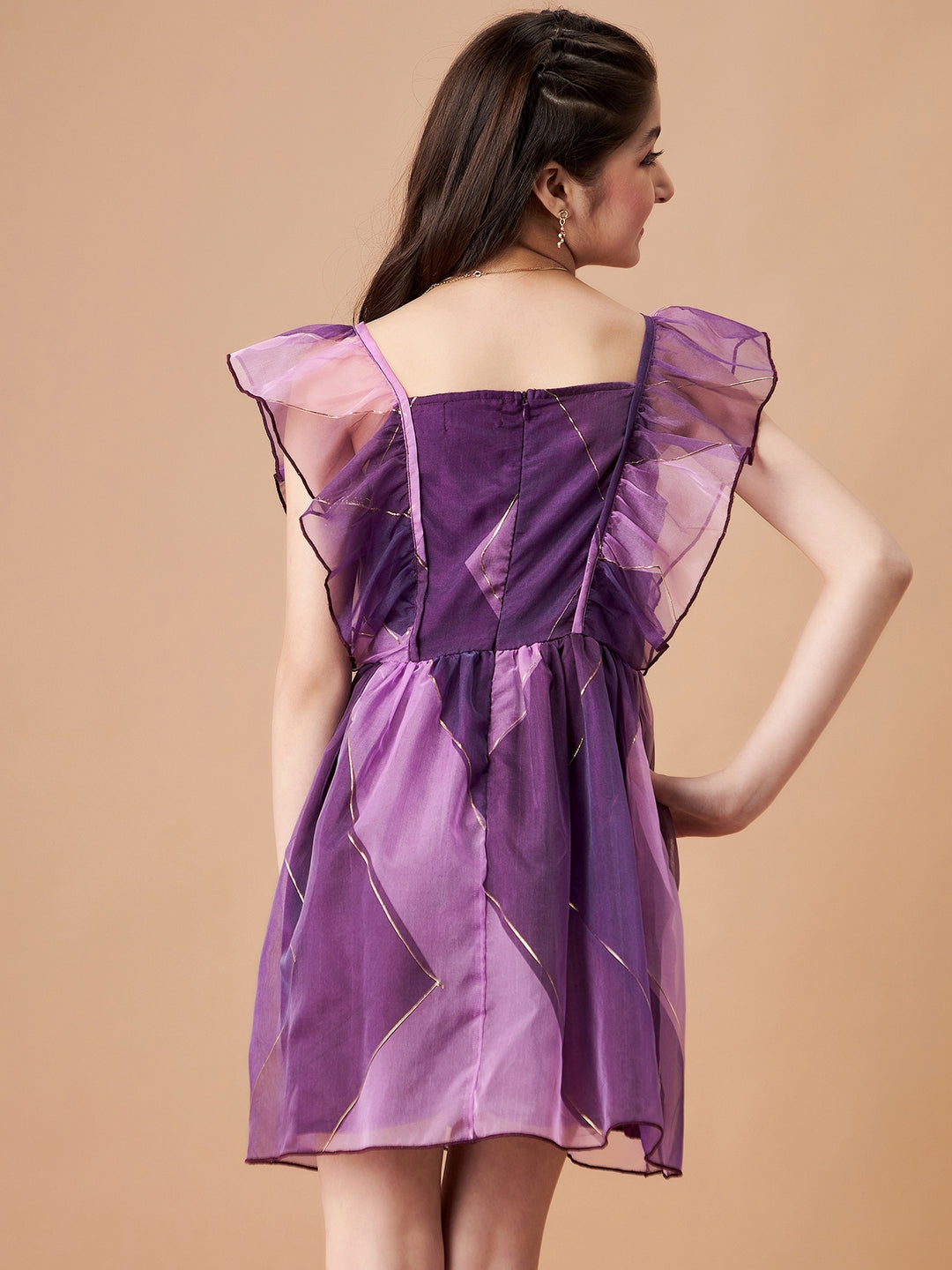 Girls Striped Flutter Sleeves Ruffled Organza Fit & Flare Dress